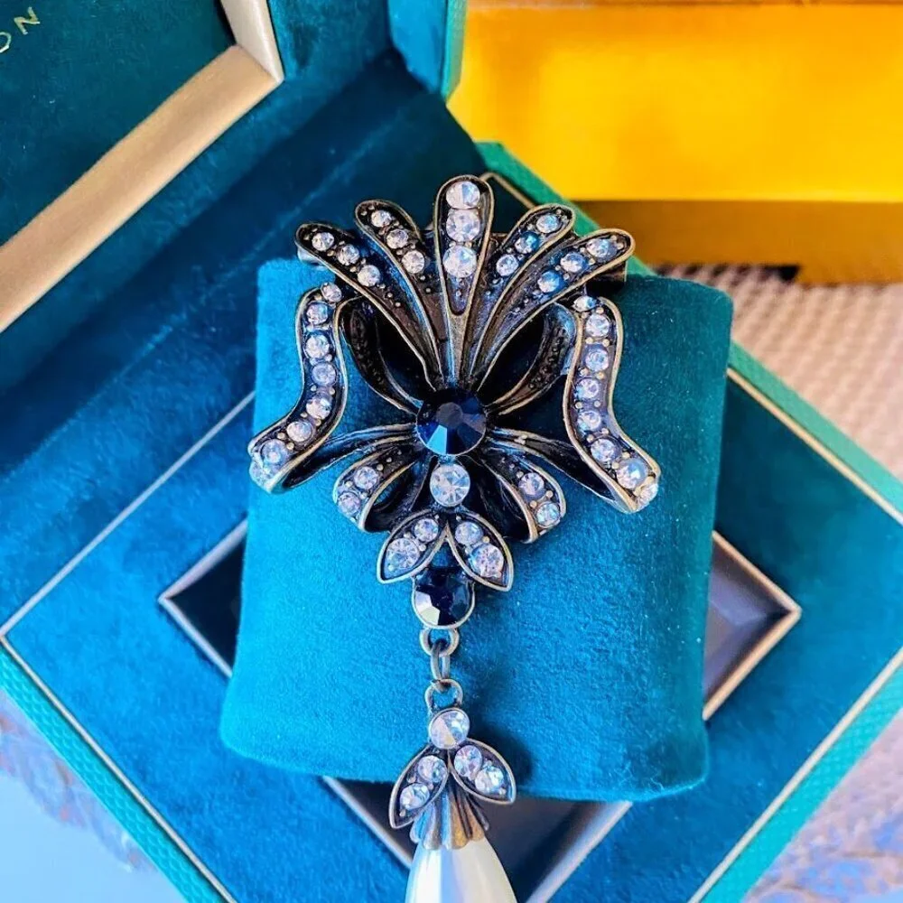 Vintage Bronze Crystal Brooch With Faux Pearl Drop - Extra Large